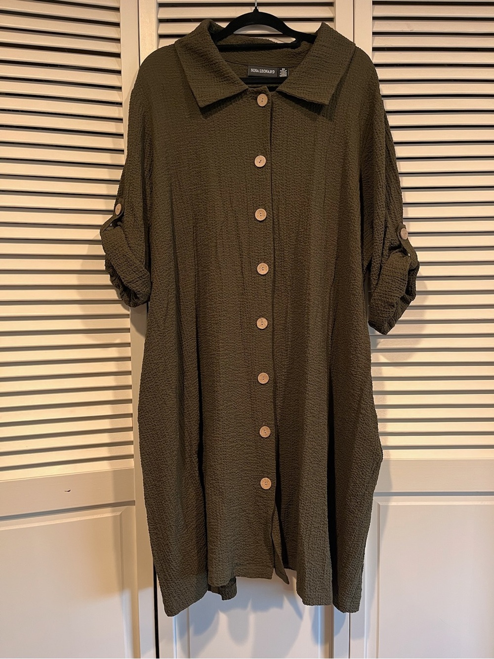 Nina Leonard Olive Green Button-Front Midi Dress